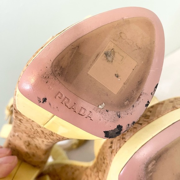 PRADA Women's Yellow Leather Ankle Strap Cork High Heels Sandal Size 36.5 - Picture 12 of 16